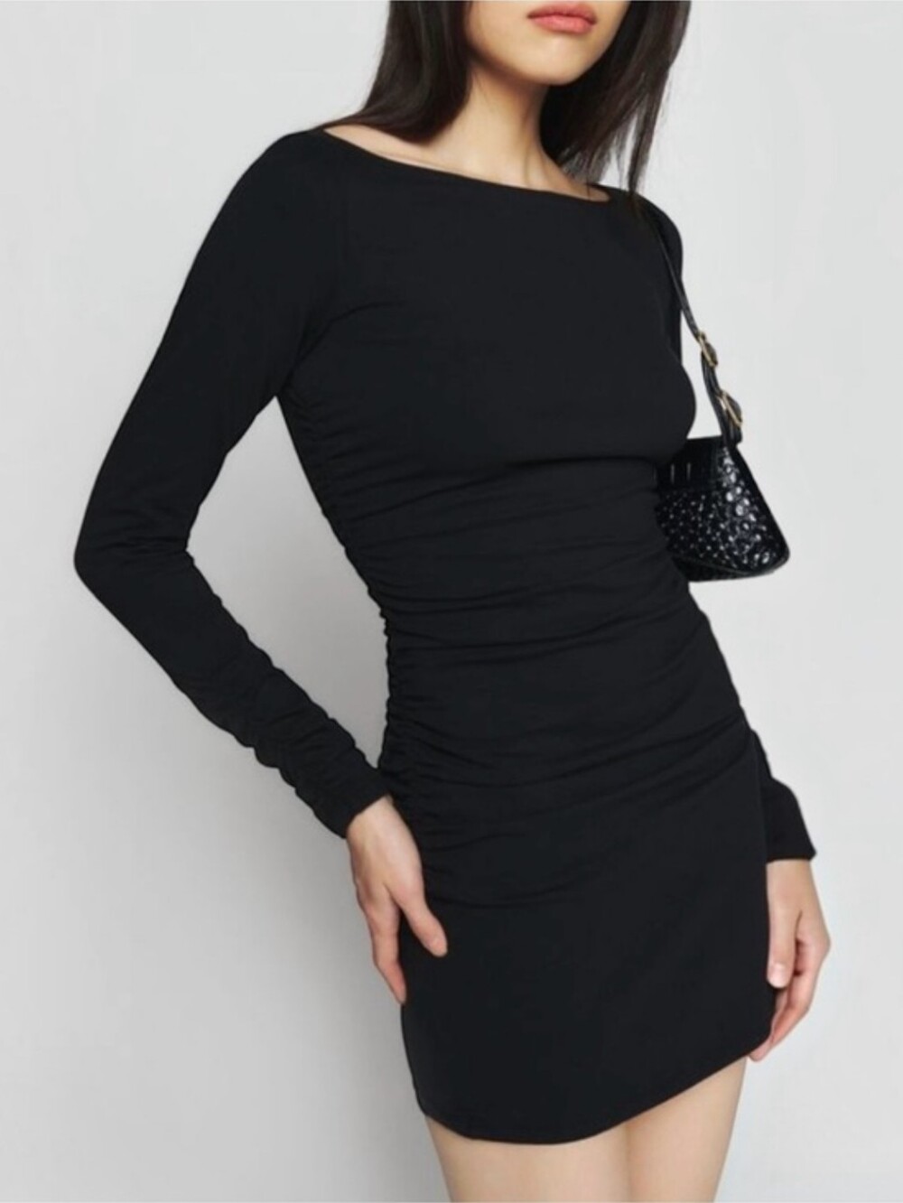 Reformation Black Long-Sleeve Ruched Mini Dress